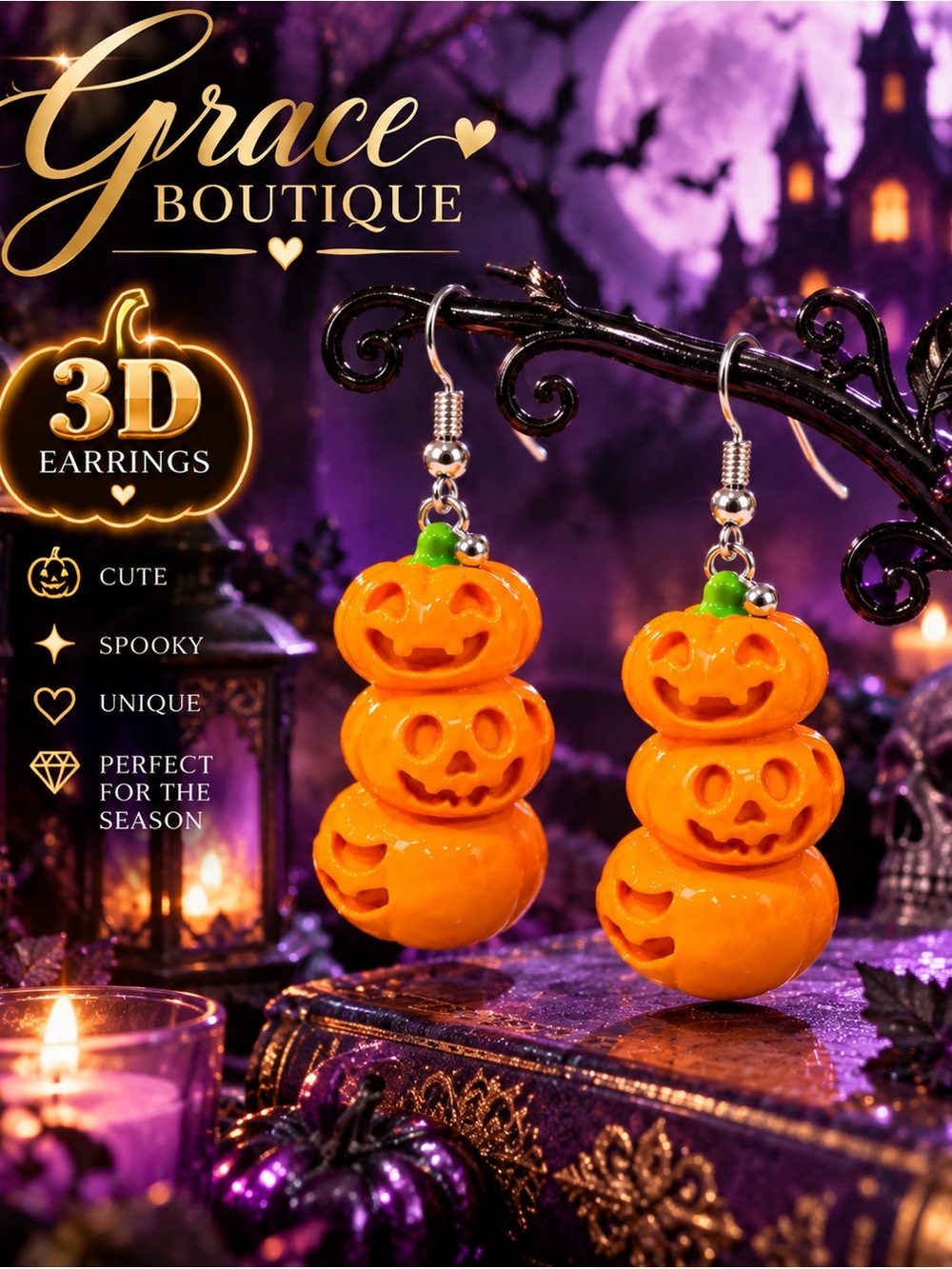 Orange 3D Pumpkin Stack Earrings